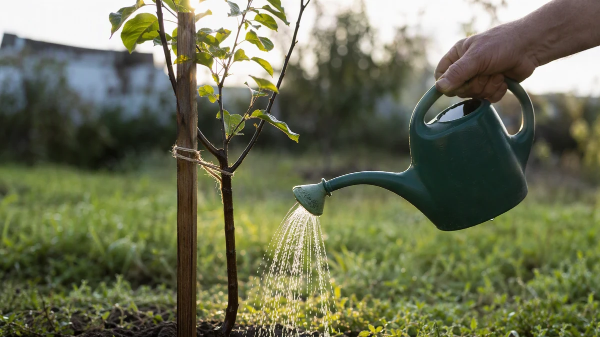 Muda de árvore amarrada a uma estaca num jardim, regada por uma mão de adulto, com orvalho e luz da manhã