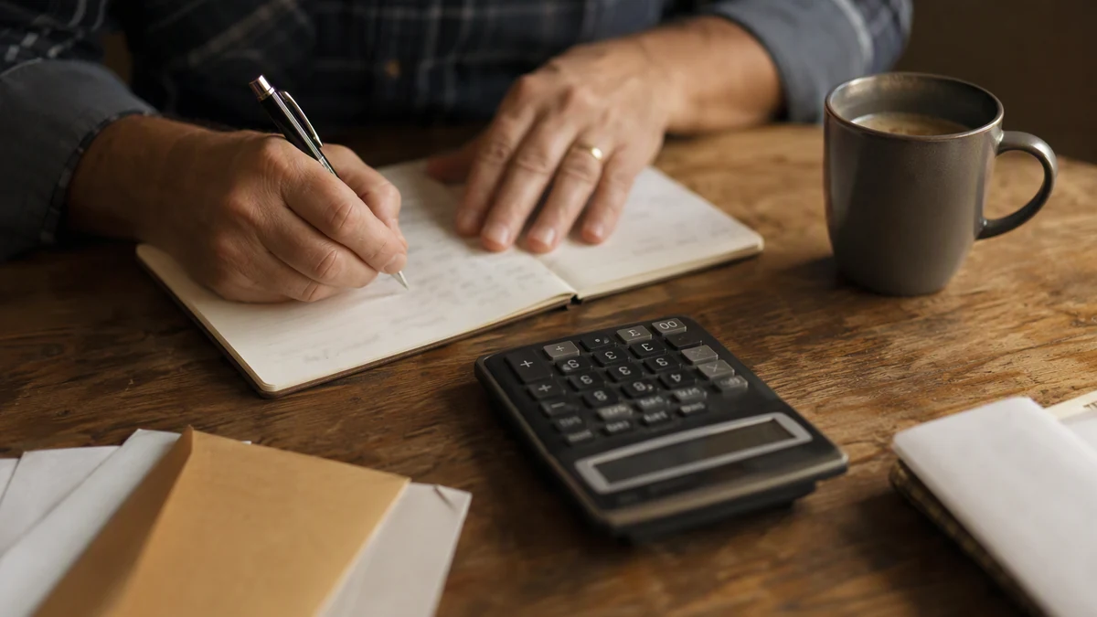 Mãos de um adulto escrevendo num caderno sobre uma mesa, ao lado de uma calculadora, envelopes e uma xícara de café