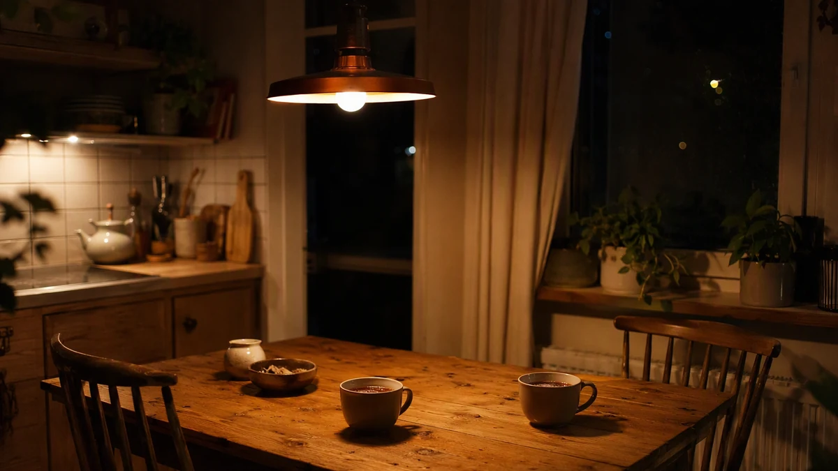 Mesa de cozinha à noite, com duas cadeiras vazias e duas canecas de chocolate quente sob uma lâmpada acesa