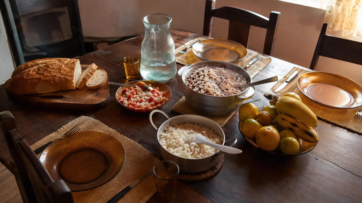 Mesa de madeira posta com pão, arroz, feijão, frutas e uma jarra de água, sob a luz da tarde