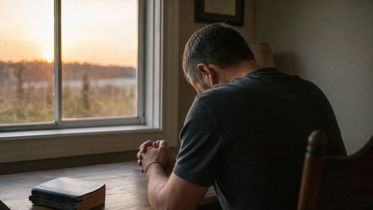 Homem de costas sentado à mesa junto à janela ao amanhecer, de cabeça baixa e mãos unidas, com uma Bíblia ao lado